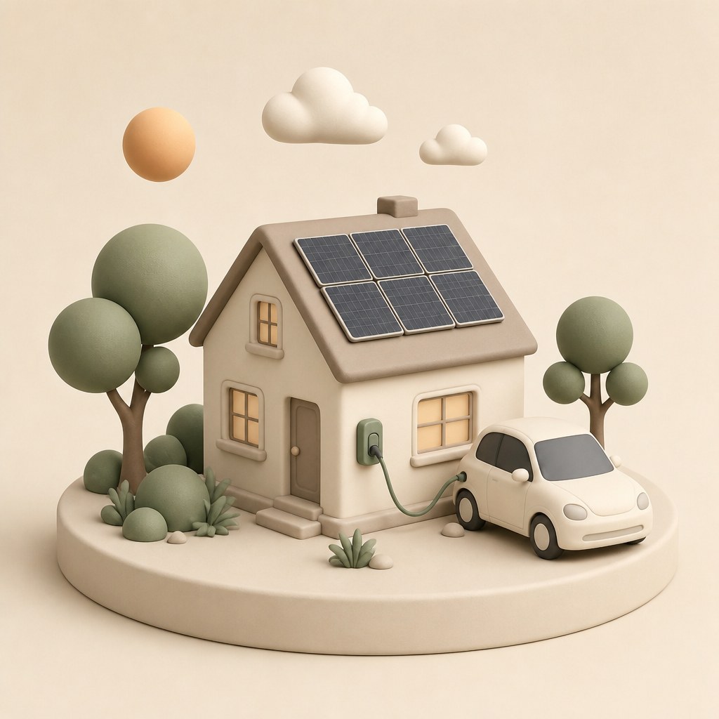 Illustratie van een huis met zonnepanelen en een elektrische auto aan de laadpaal