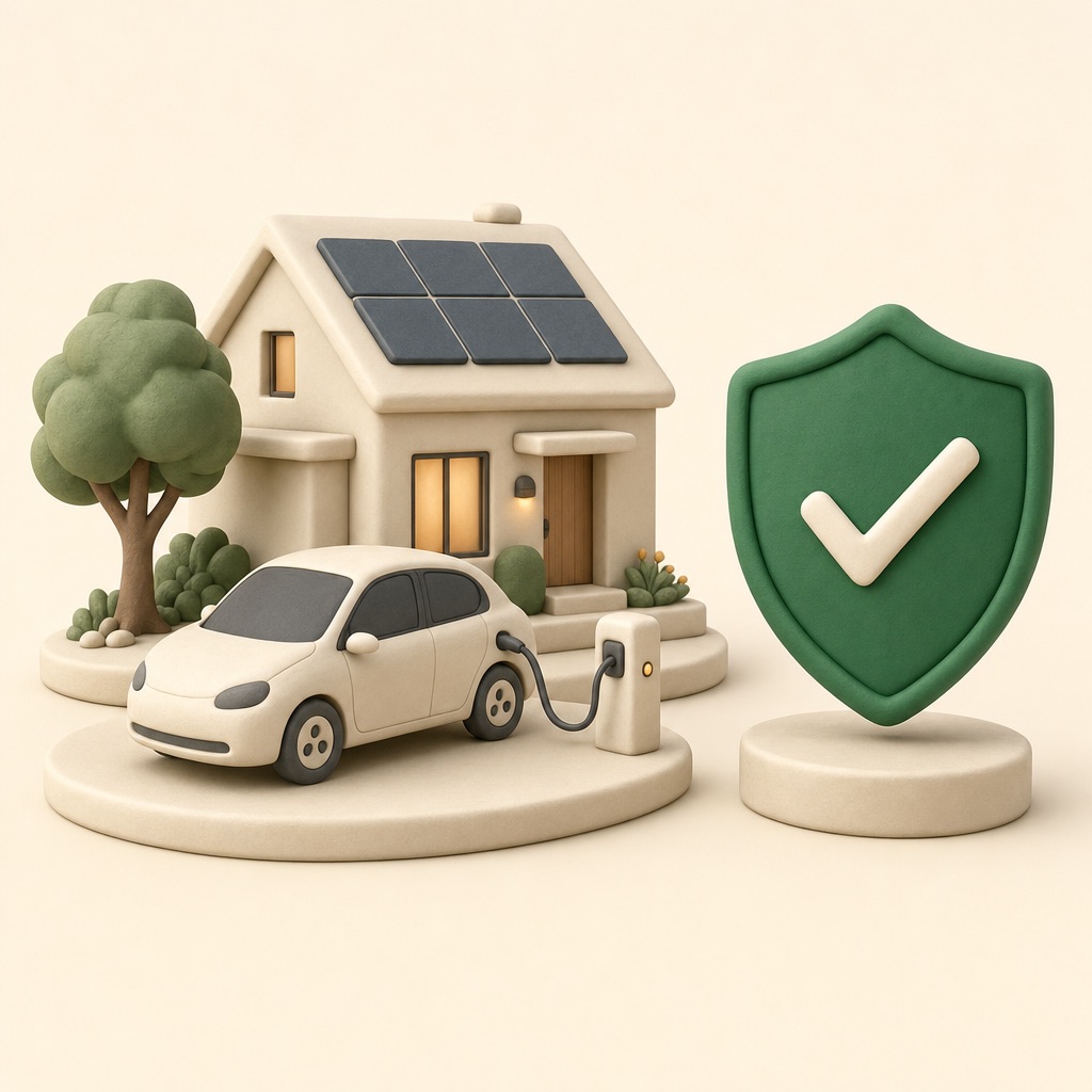Illustratie: een huis met zonnepanelen, een elektrische auto aan de laadpaal en een groen schild met vinkje — jouw groene stroom en jouw belang, onafhankelijk bewaakt.